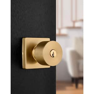 Ridgeway Brushed Gold Keyed Entry Door Knob with Square Rose Featuring Dual Keyway