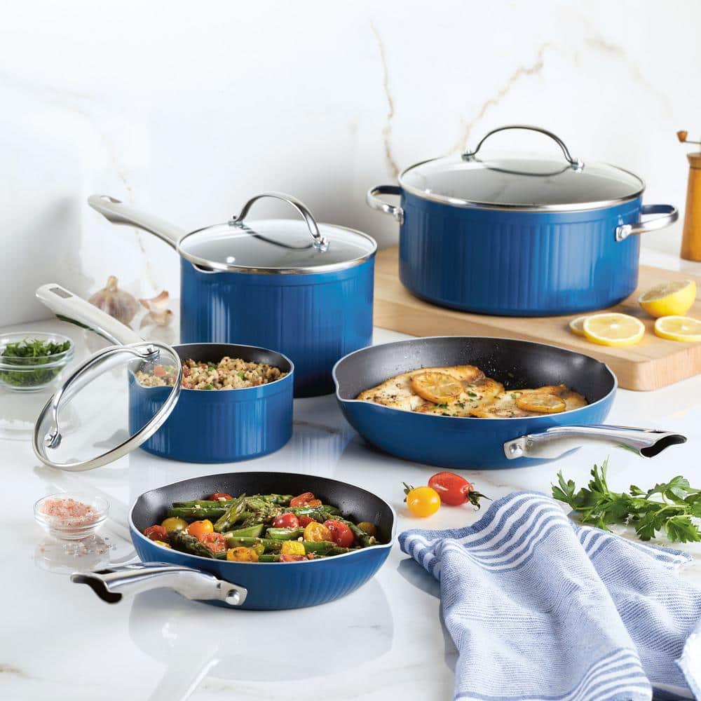 Blue Aluminum Nonstick 10-Piece Cookware Set with Utensils