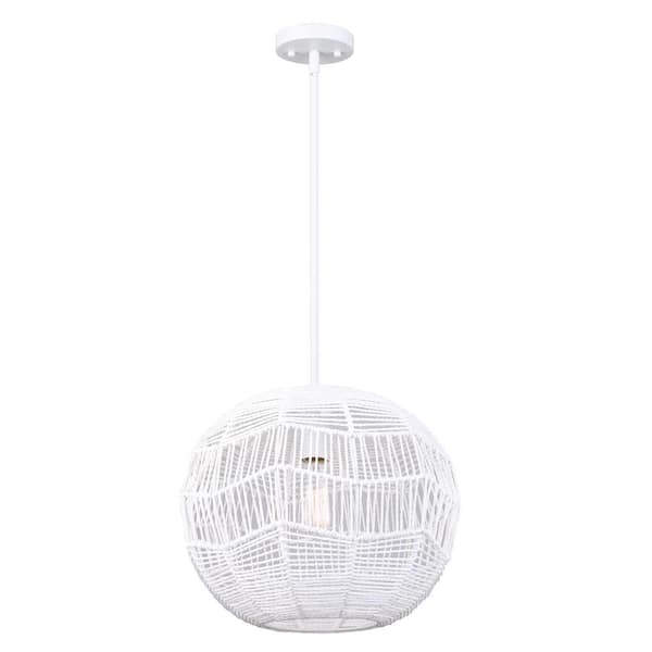 CANARM Leona 60-Watt 1 Light Matte White Modern Pendant Light with White Natural Rope Shade
