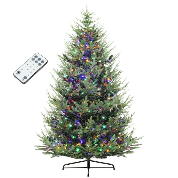 9 ft Prelit Christmas Tree with Remote, Nordic Pine Artificial Christmas Tree with 300 Multicolor and White Lights
