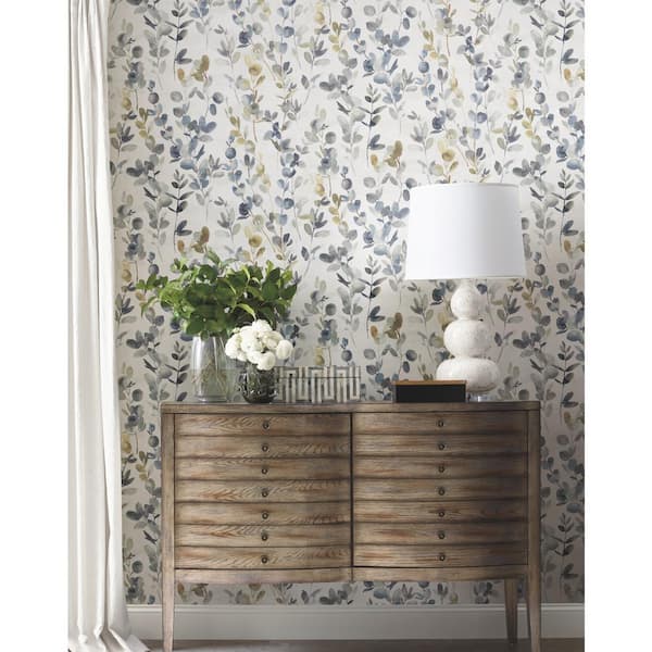 Navy Joyful Eucalyptus Non Woven Preium Peel and Stick Paper Wallpaper Approximate 45 sq. ft.
