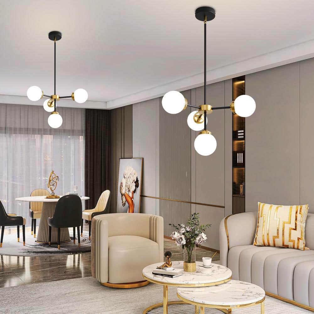 Black and Gold 4-Light Sputnik Chandelier with Milk Glass Shades