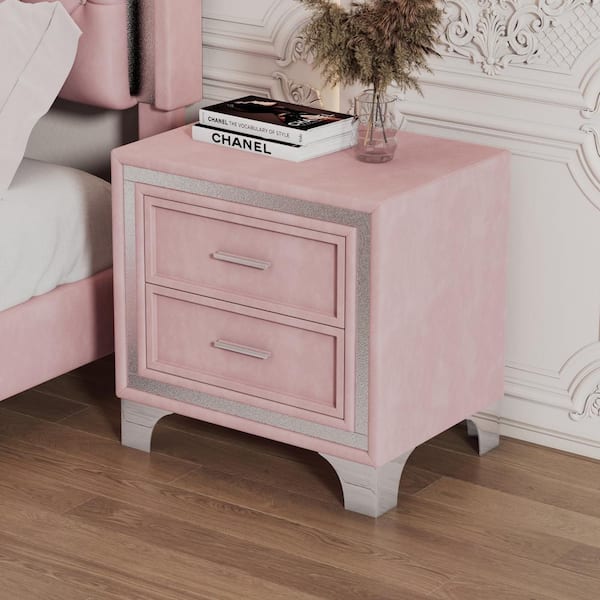 Unbranded Pink 2-Drawer 21.8 in. W Nightstand Velvet Bedside Table w/ Storage Silver Glitter Strip Décor and Metal Leg for Bedroom