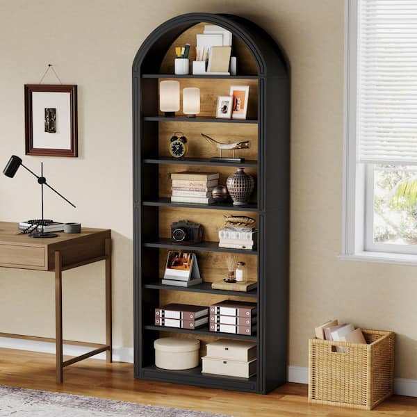 Eulas 79.5 in. Tall Black Wood 8-Shelf Standard Bookcase with Arched Top, Large Freestanding Open Bookshelf Bookcase