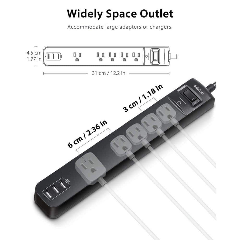 Black 6-Foot 5-Outlet Power Strip with USB Ports, 2-Pack