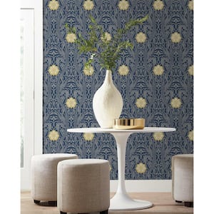 60.75 sq ft Navy Gatsby Damask Pre-Pasted Wallpaper