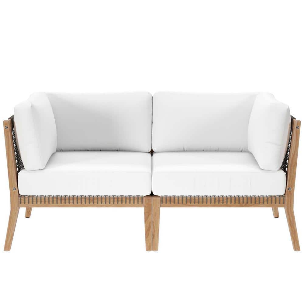 Clearwater Teak Wood Two-Seat Sectional with White Cushions