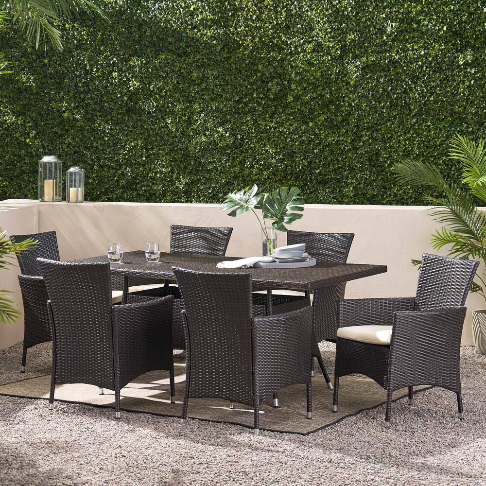 Multibrown Iron and Wicker 6-Person Patio Dining Set with Cushions