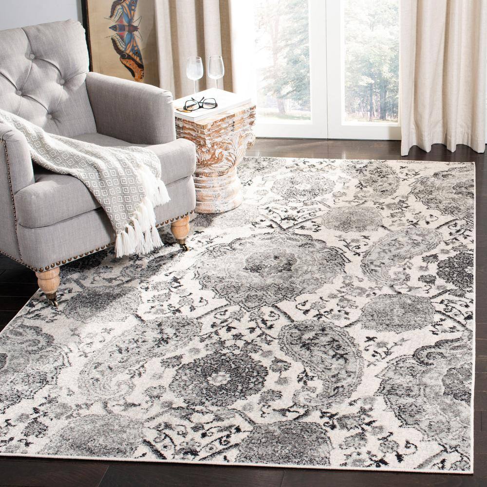 Cream and Silver Rectangular Synthetic Easy Care Area Rug