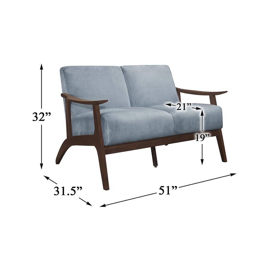 Carlson Blue Gray Velvet Loveseat with Dark Walnut Wood Frame