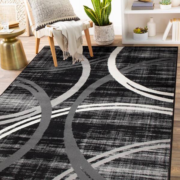 Store Rectangular Area Rug for Living Room, Abstract Black/Grey 2x7 Modern Rugs, Easy to Clean, Pet Friendly Indoor Carpet for Living Room3987 Orren E