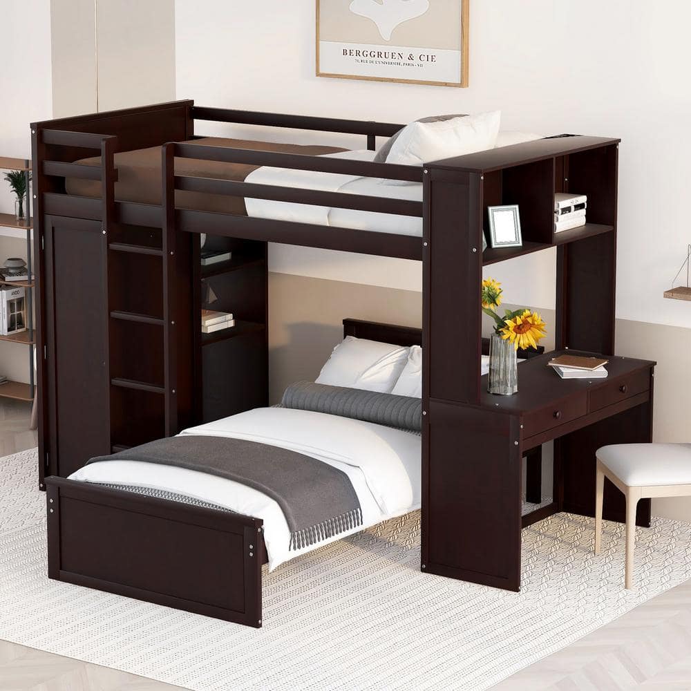 Harper & Bright Designs Espresso Twin Size Wood Bunk Bed with Wardrobe