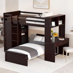 Espresso Twin Size Wood Bunk Bed with Wardrobe, Shelves, Desk And Drawers