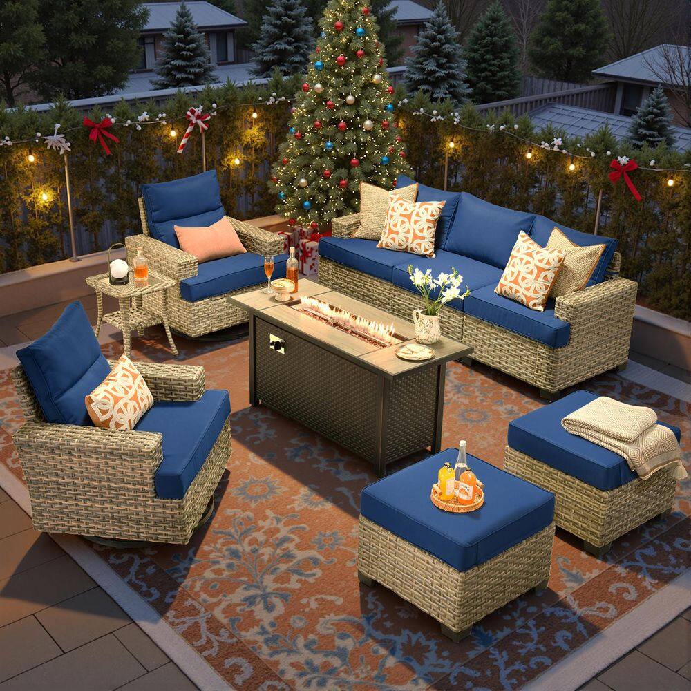 Torino Gray 9-Piece Wicker Outdoor Patio Conversation Deep Sofa Seating Set with Metal Fire Pit and Navy Blue Cushions price history on PriceWatchPro