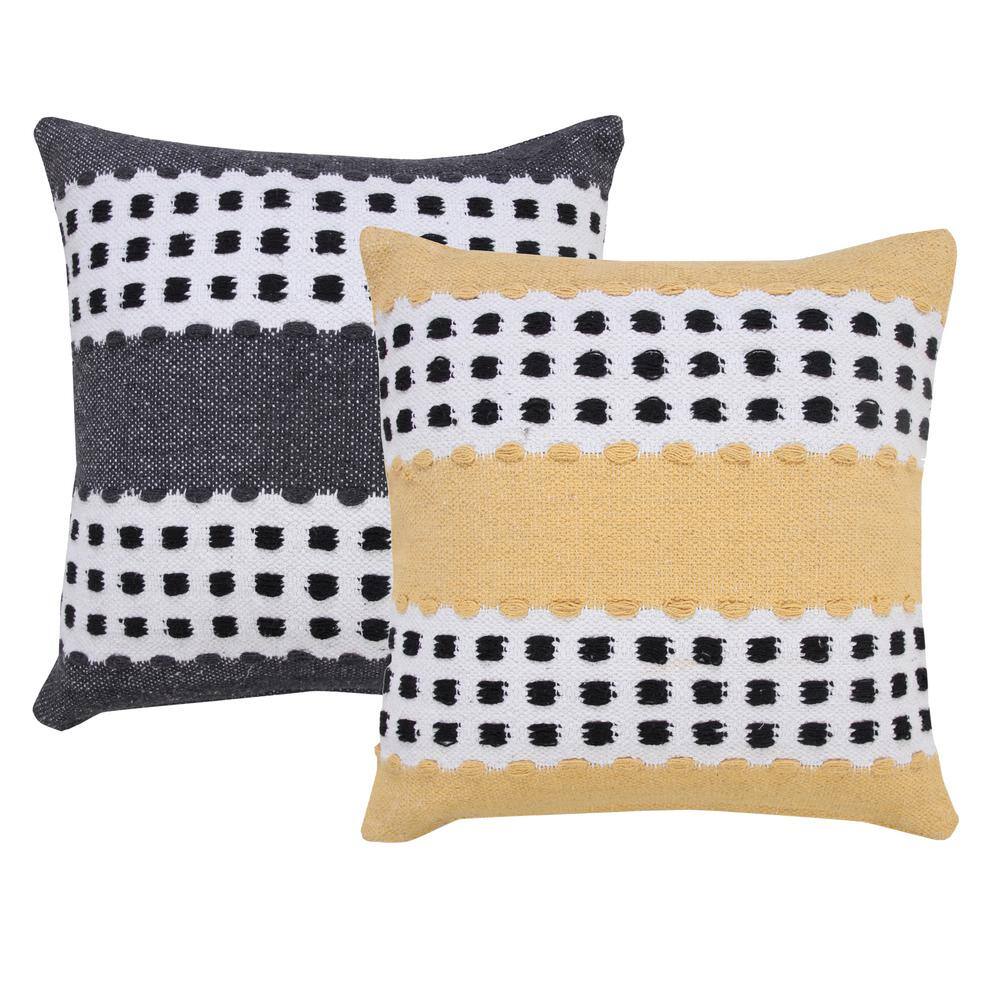 Yellow and Black Cotton Striped 20" Square Throw Pillow