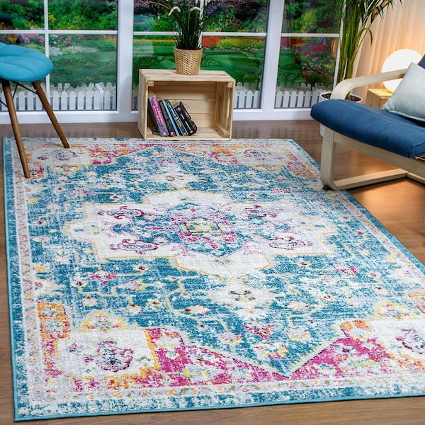 Teal Pink Multicolour Distressed Boho Living Room Rug Washable Non