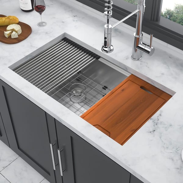 33 in. Undermount Double Bowl (60/40) 16 Gauge Brushed Nickel Stainless Steel Kitchen Sink with Workstation