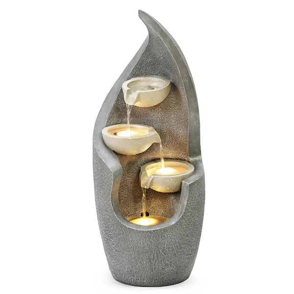 LuxenHome Gray Curves Cascading Bowls Outdoor Polyresin Cascade Fountain with LED Lights