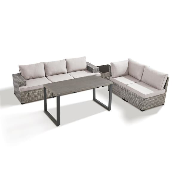 ModNest Taupe 7-Piece Wicker Patio Conversation Set, Modular Sofa Set with Beige Cushions and Dining Table