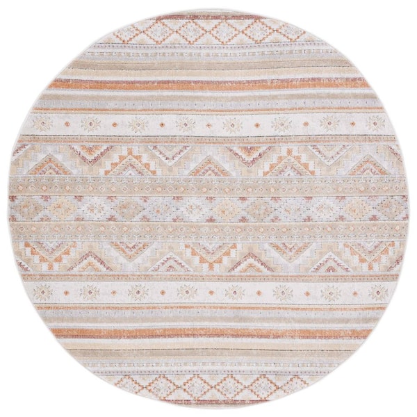 Cabana Ivory/Beige/Gold 7 ft. x 7 ft. Striped Diamond Indoor/Outdoor Round Area Rug