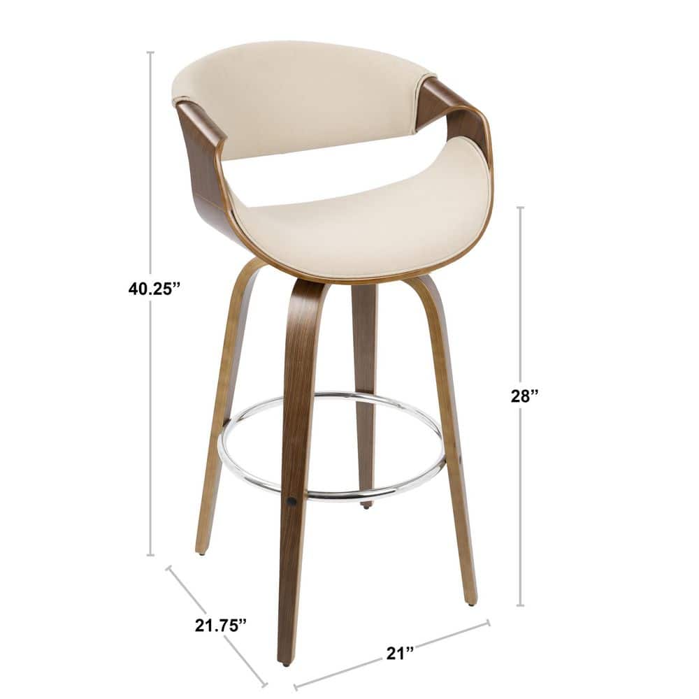 Curvini 30'' Walnut Wood and Cream Swivel Barstools Set