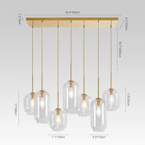 7-Light Vintage Gold Cluster, Cylinder, Linear, Rectangle Geometric, Island, Shaded Chandelier with Unique Clear Glass