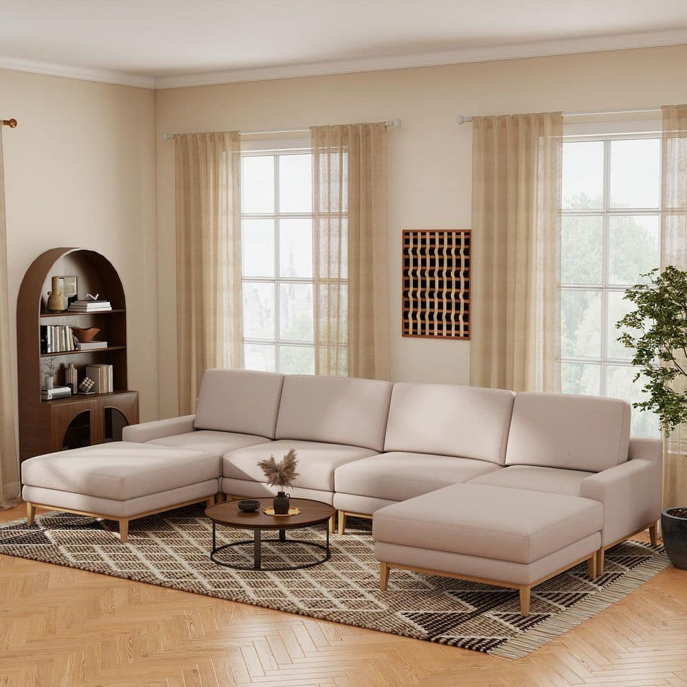 156 in. Oversized Square Arm Polyester 5-Piece Down Solid Wood Modular Sectional Sofa with Removable Covers in Khaki