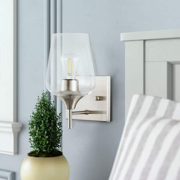 1-Light Brushed Nickel Wall Sconce Vanity Light with Glass Shade