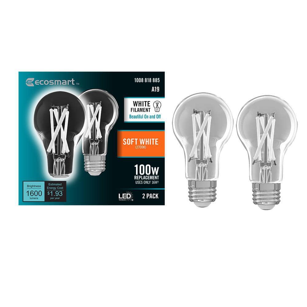 100-Watt Equivalent A19 Dimmable White Filament CEC Clear Glass E26 LED Light Bulb, Soft White 2700K (2-Pack) -  EcoSmart, A19100927WFECP2