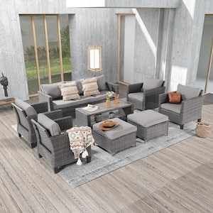 8-Piece Gray Wicker Outdoor Seating Sofa Set with Thickening Linen Grey Cushions
