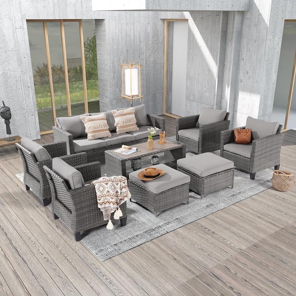 JOYESERY 8-Piece Gray Wicker Outdoor Seating Sofa Set with Ottomans and Coffee Table, Thickening Linen Grey Cushions