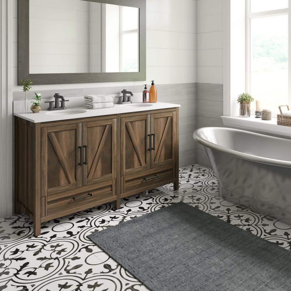Canyon Lake Pine Double Bathroom Vanity with White Stone Top