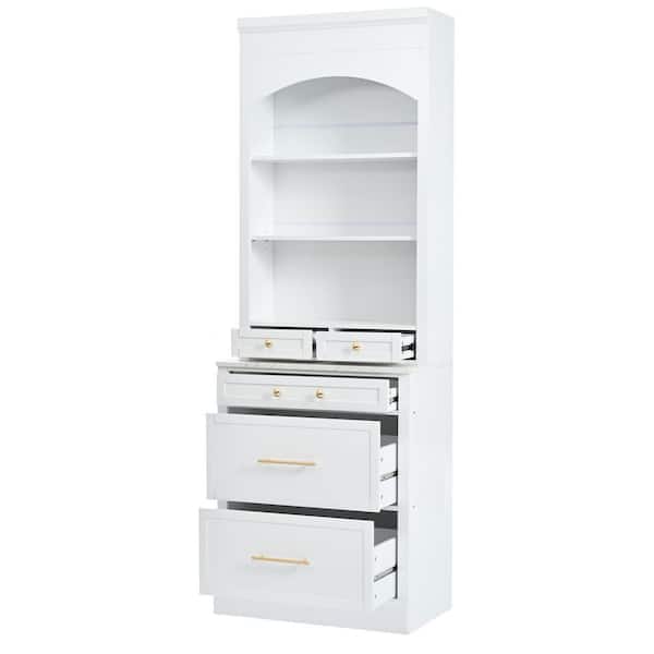 White 75.25 in. Accent Cabinet, Pantry Cabinet with Faux Marble Top, 5 Storage Drawers and Adjustable Shelf