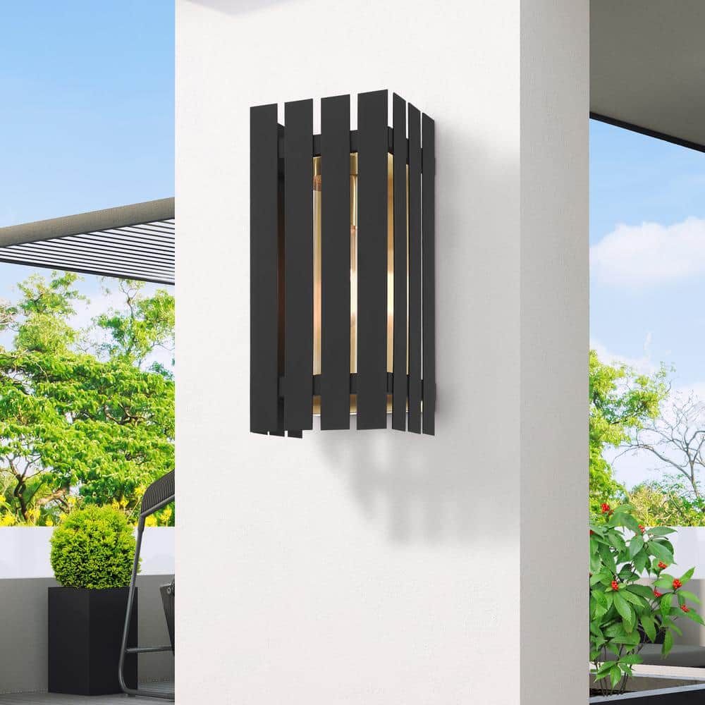 Black and Satin Brass Dimmable Outdoor Wall Lantern with Clear Glass