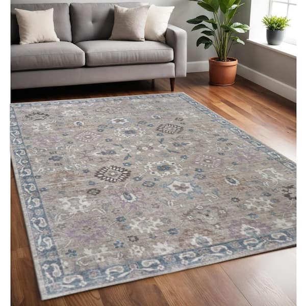 5 ft. x 8 ft. Gray Blue And Taupe Floral Distressed Area Rug