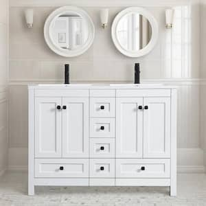 48 in. W. x 18 in. D x 34 in. H Sink Bath Vanity in White with White Resin Double Sink Top and Drain Faucet Set