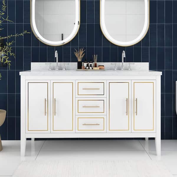 JimsMaison 60 in. W x 22 in. D x 36 in. H Double Sink Freestanding Bath Vanity in White with White Engineered Stone Composite Top