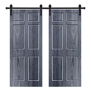 Modern SIX PANEL Designed 48 in. x 80 in. Wood Panel Icy Gray Painted Double Sliding Barn Door with Hardware Kit