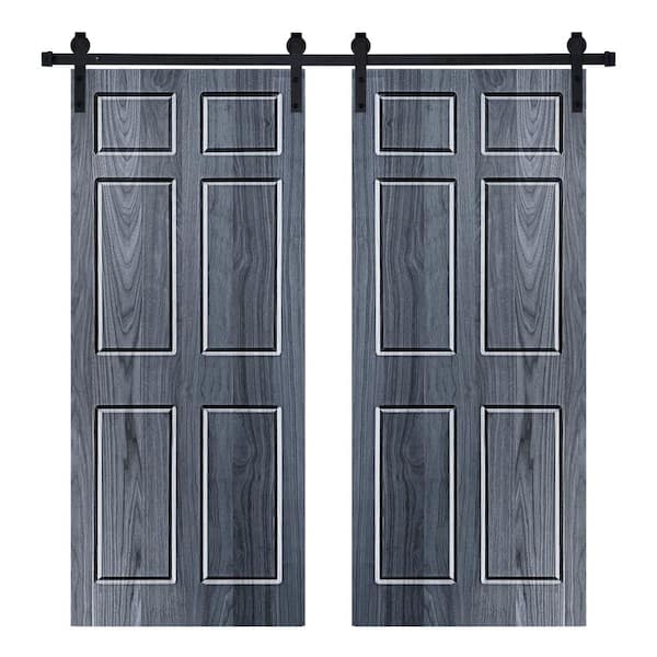 AIOPOP HOME Modern SIX PANEL Designed 48 in. x 80 in. Wood Panel Icy Gray Painted Double Sliding Barn Door with Hardware Kit