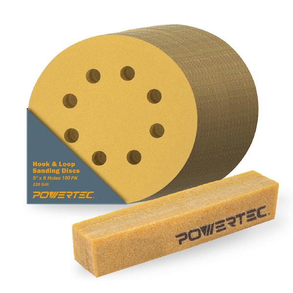 ‎POWERTEC 5 in. 8 Hole Hook and Loop Sanding Discs 220 Grit (100PK) with Abrasive Cleaning Stick