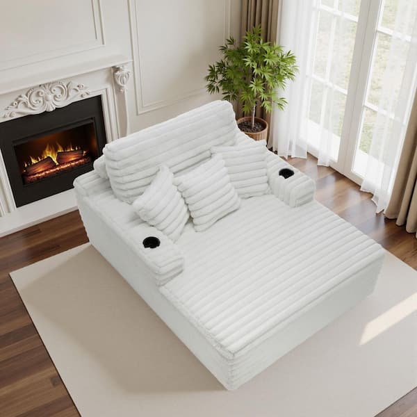 Modern Beige Faux Rabbit Fur Polyester Lazy Sofa 2-Arm Chaise Lounge With Cup Holders(Set of 1)