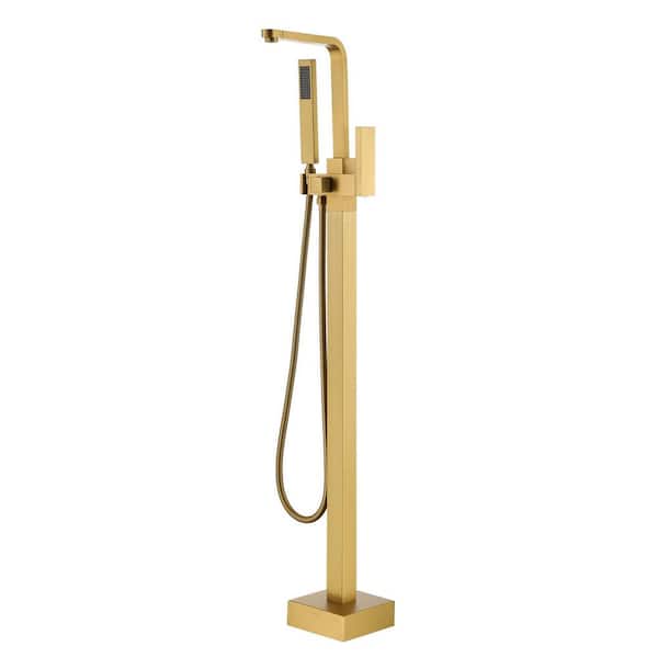 Boyel Living Single-Handle Floor Mount Freestanding Tub Faucet with Handheld Shower, Water Supply Hoses and Hardware in Brushed Gold