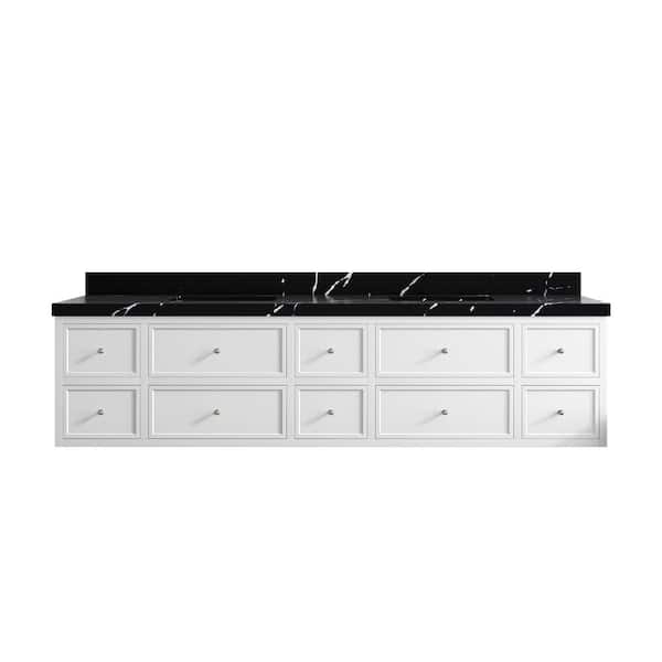 Willow Collections Roswell Floating 84 in. Double Sink Freestanding White Bath Vanity with Calacatta Black Qt. Top Unassembled