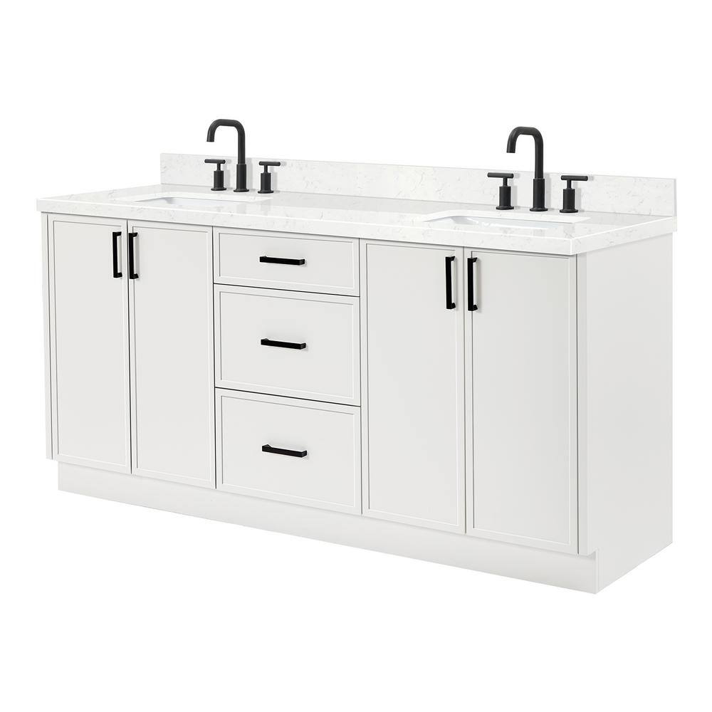 White Solid Wood Double Sink Bathroom Vanity with Carrara Quartz Top