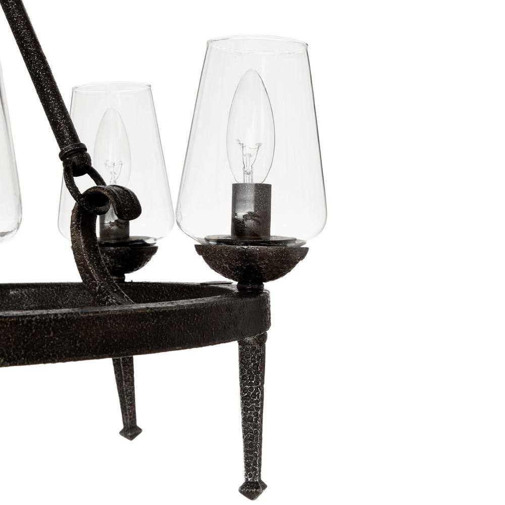 Rustic Black Iron 6-Light Chandelier with Clear Glass Shades