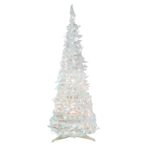 6 ft. White Pre-Lit Tinsel Pop-Up Artificial Christmas Tree, Clear Lights
