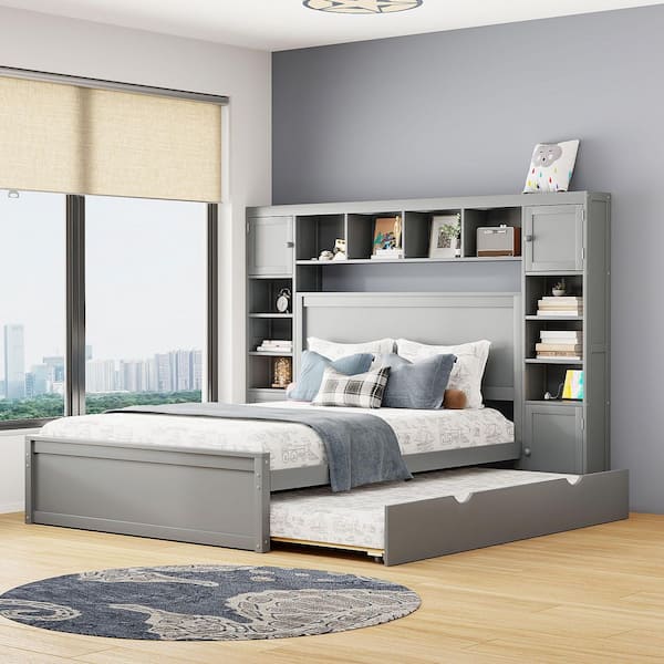 Gray Wood Frame Queen Size Platform Bed with All-in-One Cabinet, Multiple Shelves, Cabinets, Twin Trundle, USB, Drawers
