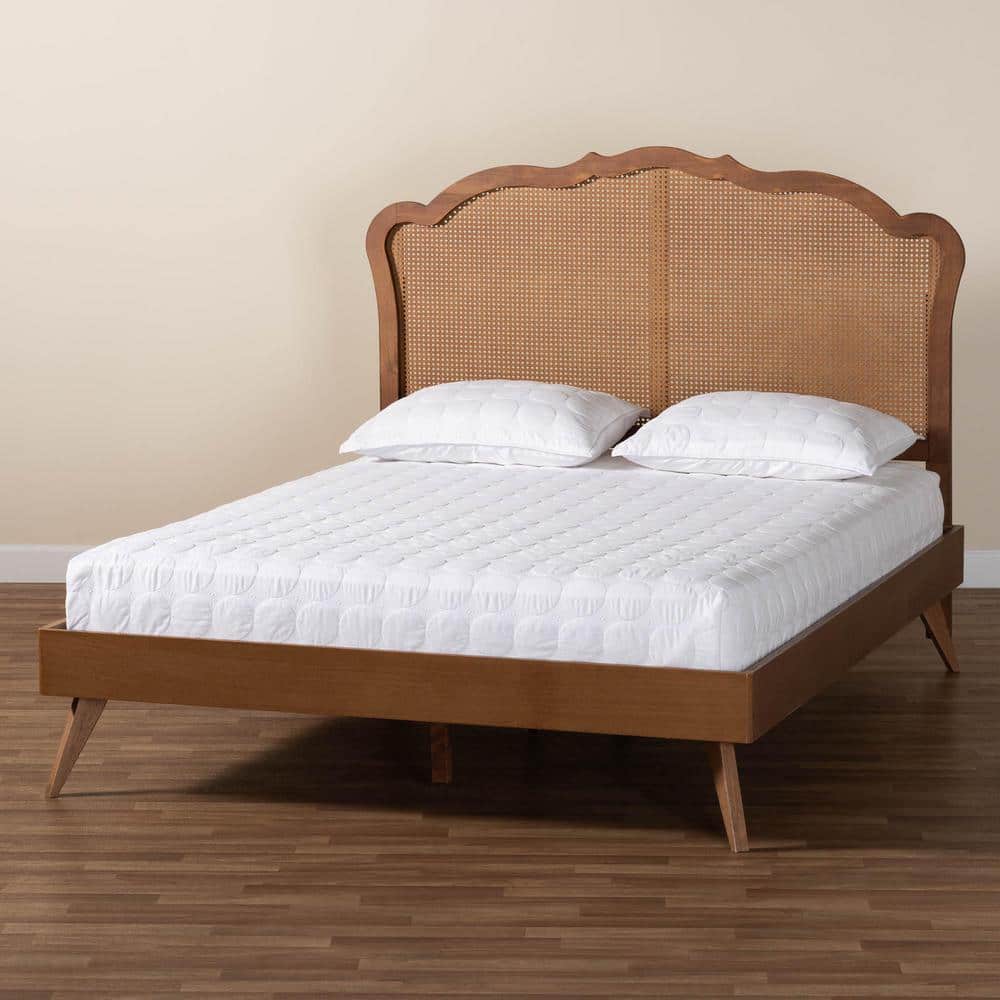 Walnut Brown Queen Wood Frame Platform Bed with Rattan Headboard