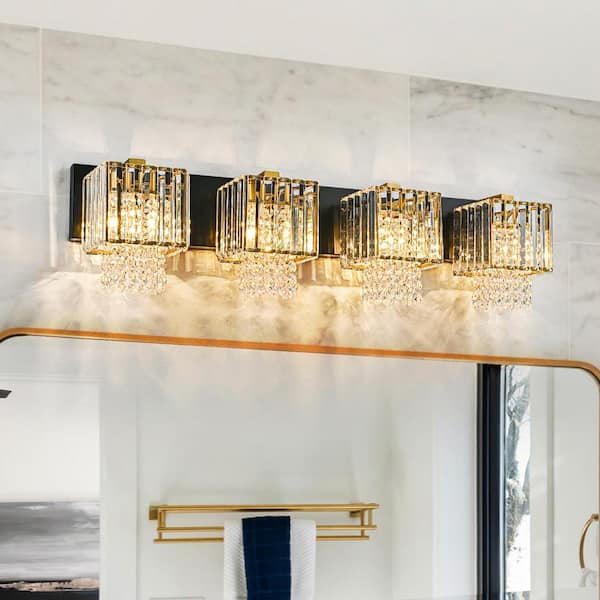 LLHZSY Schonbek 32.09 in. 4-Light Modern Black and Gold Crystal Vanity Light for Bathroom with Crystal Beads