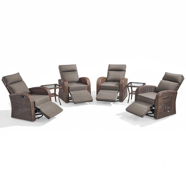 6-Piece PE Rattan Wicker Swivel Outdoor Recliner Lounge Chair Adjustable Backrest with Gray Cushions, Side Table